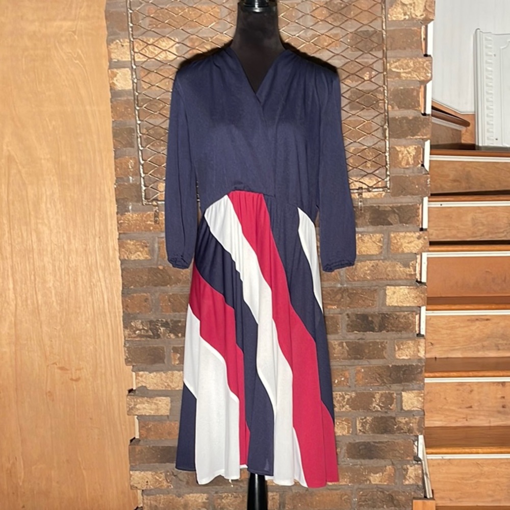 Elegant Navy and Red Striped Dress semi sheer fabric M